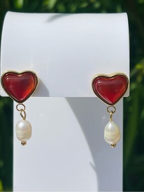 18K Gold Plated Carnelian Heart and Freshwater Pearl Drop Earrings